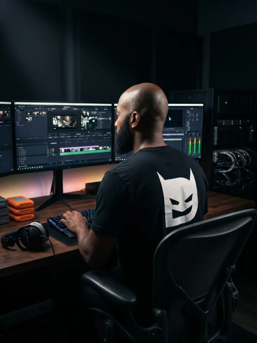 Monteur vidéo au travail dans le studio The Dark Agency